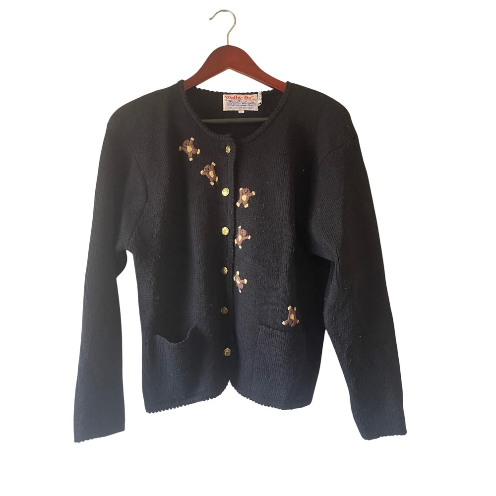 Vintage Black Teddy Bear Embroidered Knit‎ Cardigan Gold Buttons Large